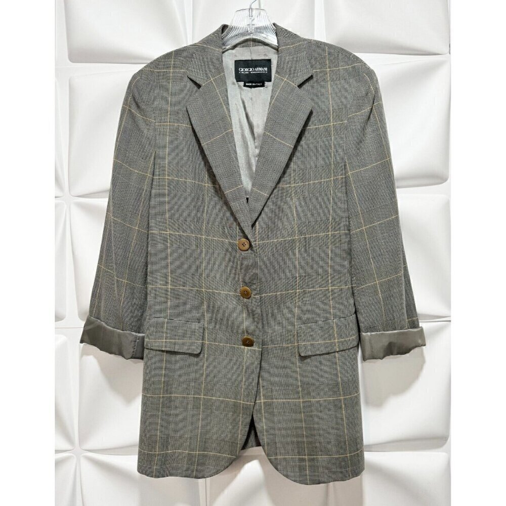 Giorgio Armani Sz 40 Plaid Tunic Dress Blazer Black Cream Womens